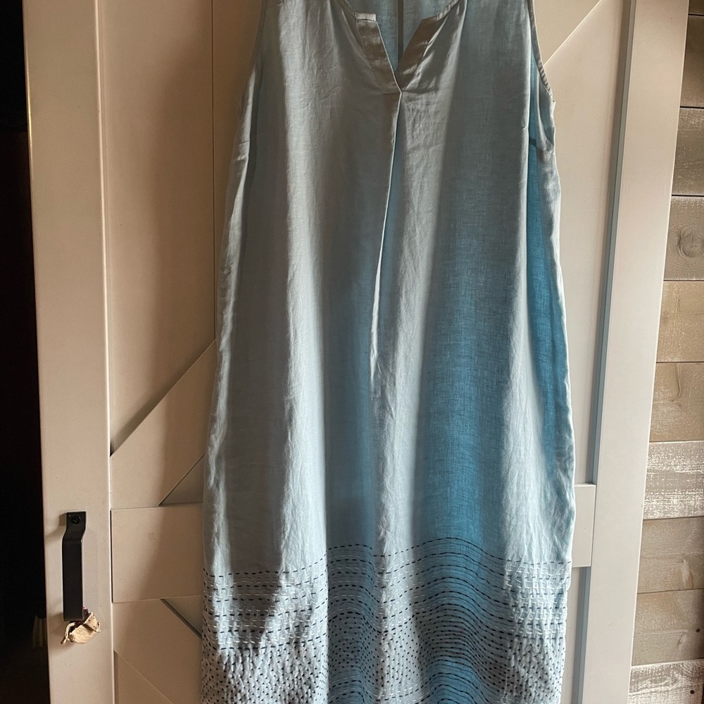 PURE JILL KANTHA quilt stitched linen dress sleeveless maxi dress blue L petite
